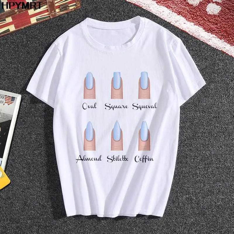 Ny T-shirt Kvinnors Mode Personlighet Nail Art Print Kul Casual Sommar Kortärmad Harajuku Korta Kvinnors T-shirt Kvinna Toppar X0628