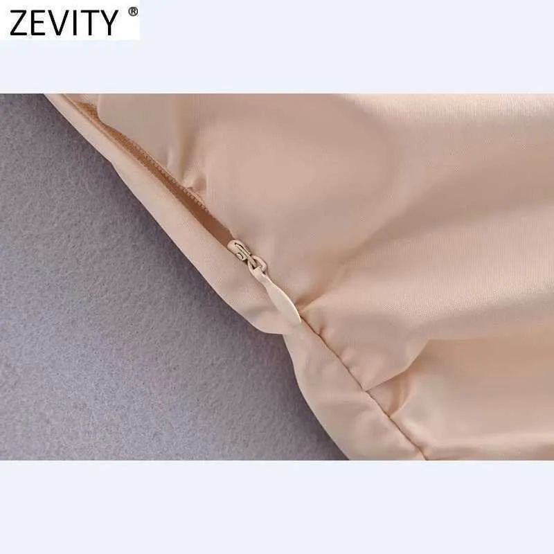 Zevity女性のセクシーなサイドジッパー巾着レースアップサテンのMidi Camisoleドレスレディーススパギストラップドレスvestidos Mujer DS8253 210603