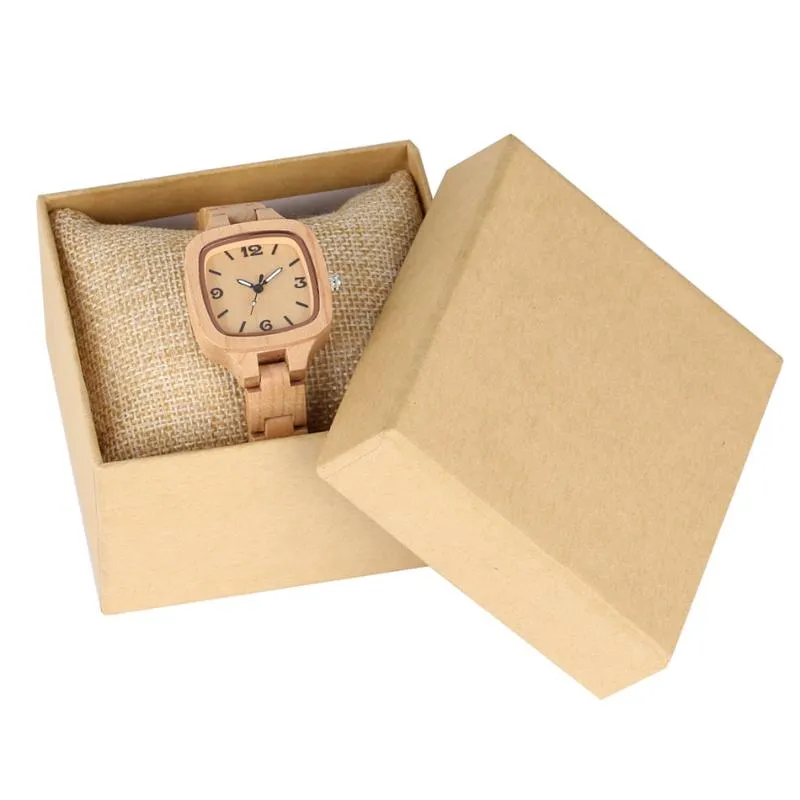 Pure Maple Wood Kadınlar Saat Moda Square Dial Lady Gizli toka reloj femenino kol saatleri için zarif ahşap bileklik 315m
