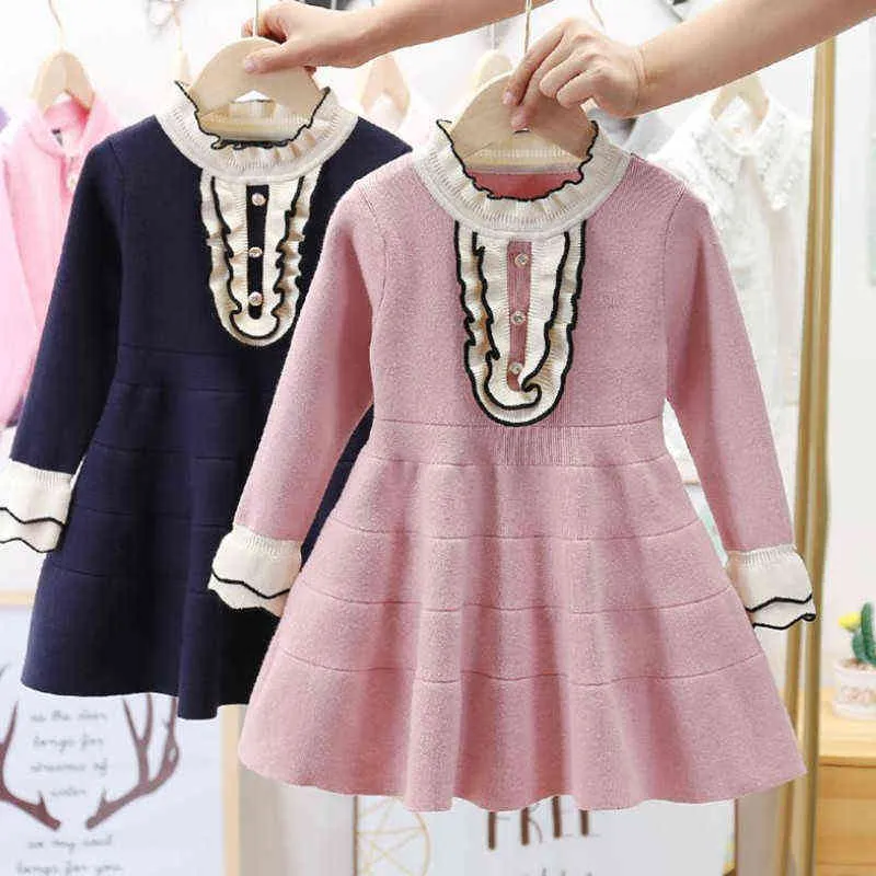 Girls' Dresses For Autumn Baby Cotton Knitted Sweater Dress With Wooden Ears 2020 New Spring Autumn Princess Dress 4-10 Years G1129