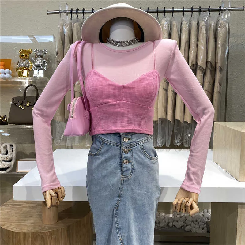 Candy Color Korean Chic Sweet O Neck Langarm Zurück Hollow Out T-Shirts Durchsichtige Bottom Shirts Tops Sexy Slim Camisole 210610