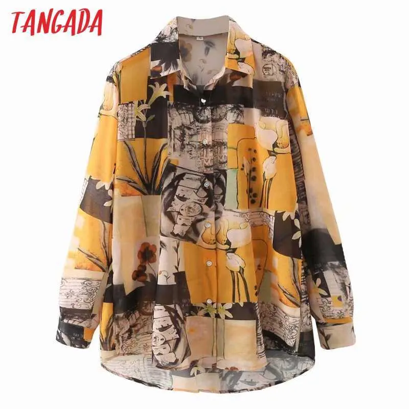 Tangada Frauen Übergroße Druck Vintage Chiffon Hemd Bluse Langarm Chic Weibliche Casual Dame Hemd Tops ME05 210609