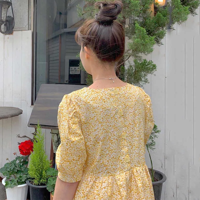 Korejpaa Women Dress Summer Korean Chic Girls Fresh Sweet Round Neck Full Screen Floral Loose All-Match Puff Sleeve Vestido 210526