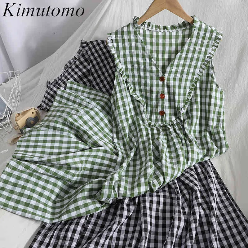 Kimutomo chique plaid jurken vrouwen koreaanse v-hals mouwloze single breasted slanke taille vestido feminino lente zomer 210521
