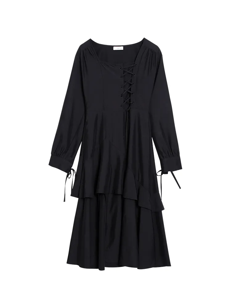 Gothic Dress Women Autumn Elegant Vintage Black Dress Fashion Lace-up Ruffles A-line long sleeve Party Dress Korea Clothing 210521