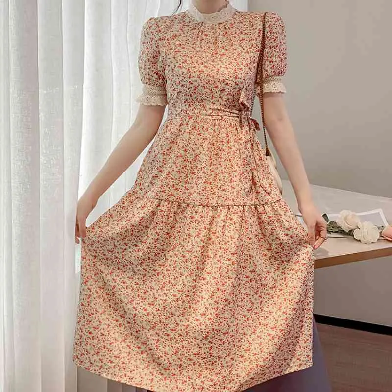 Retro Krainy Koronki Patchwork Sukienki Szyfonowe Kobiety Lato Krótki Rękaw O-Neck Up Waist Sukienka Kwiatowy Drukowane Kobiet Vestidos 210514