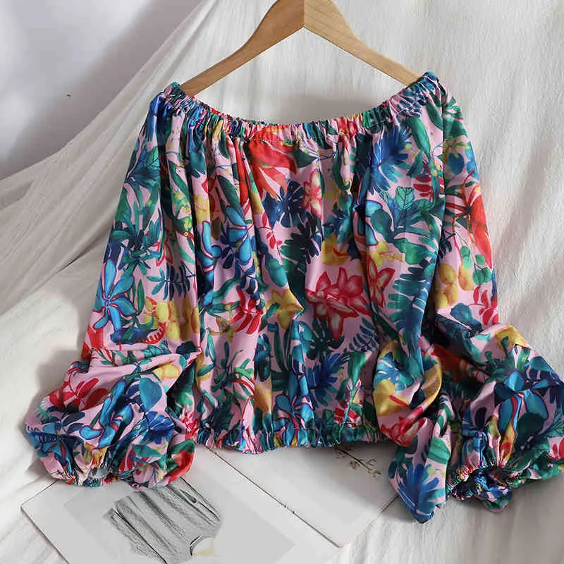 kimutomo 패션 레트로 셔츠 한국어 어깨 슬래시 목 랜턴 슬리브 꽃 인쇄 짧은 블라우스 여성 여름 세련된 상위 210521