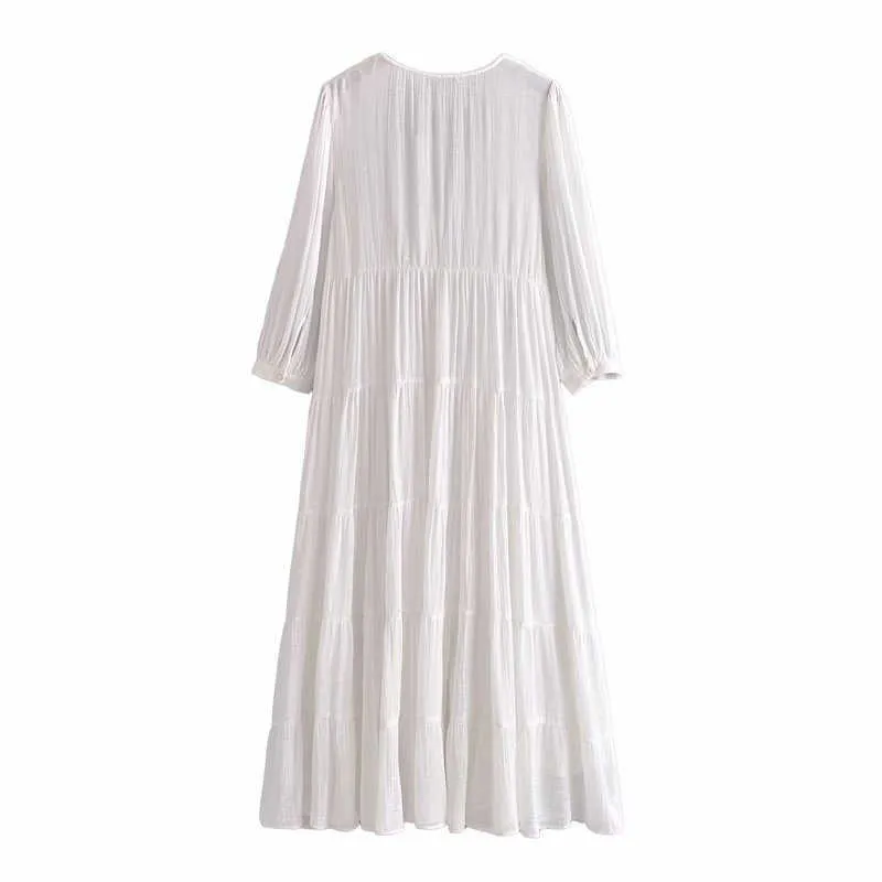 ZA Katmanlı Pileli Uzun Yaz Elbise Kadın Puf Kollu Gevşek Vintage Parti Elbiseler Kadın Chic Düğme Yukarı Astar Beyaz Elbise 210602