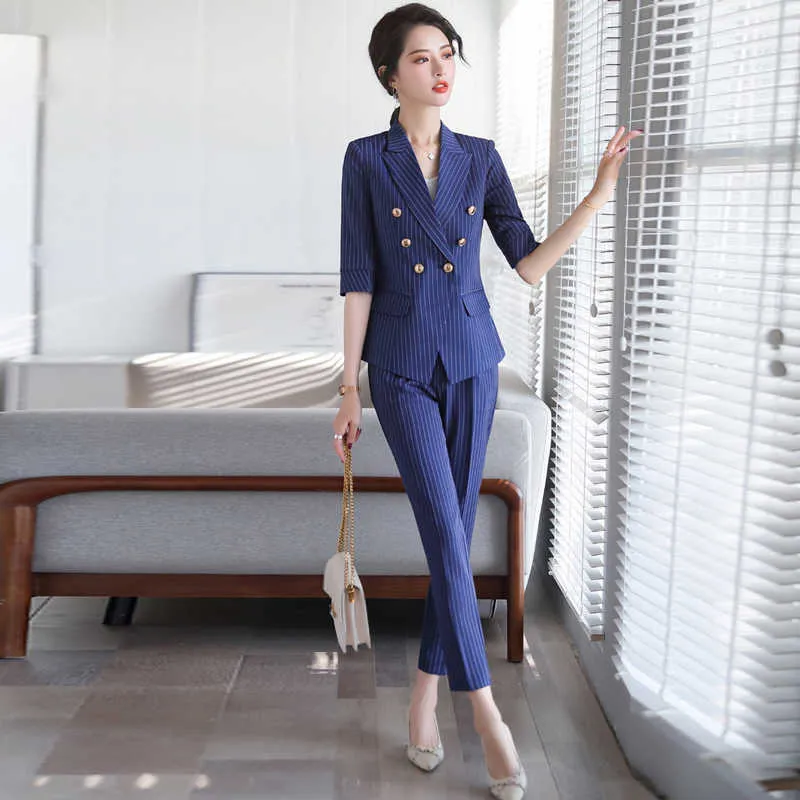 Bahar Profesyonel kadın Pantolon Suit Kadınsı Rahat Çizgili Zarif Bayanlar Blazer Ceket Şık Ofis Seti Yüksek Kalite 210527