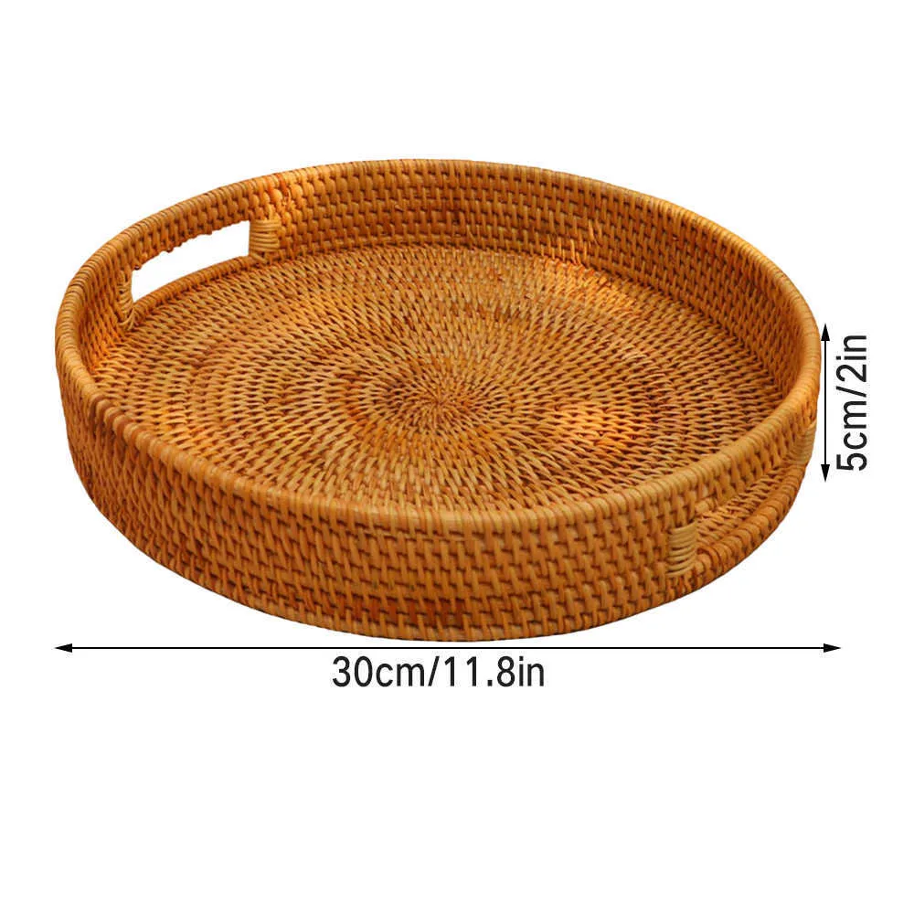 Rattan Tray Ręcznie Tkany Kosz Piknik Chleb Przekąski Owocowe Kosze Display Desktop Służenie z uchwytem 210609