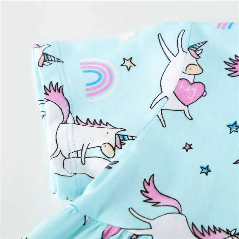 Hoppmätare Ankomst Sommardjur Skriv ut Bomull Baby Girls Unicorns Dress Fashion Princess Kläder 210529