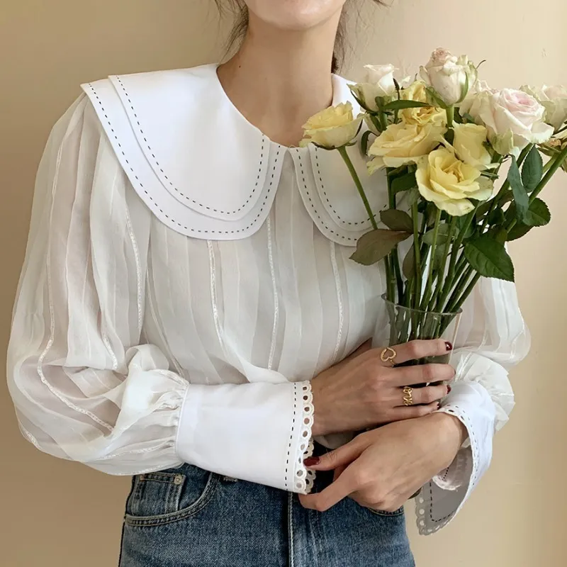 Korobov Kvinnor Nya Blusar Chic Peter Pan Collar Puff Sleeve Chiffong SHIRTS Koreanska Eleganta Blusas Mujer Office Lady 210430