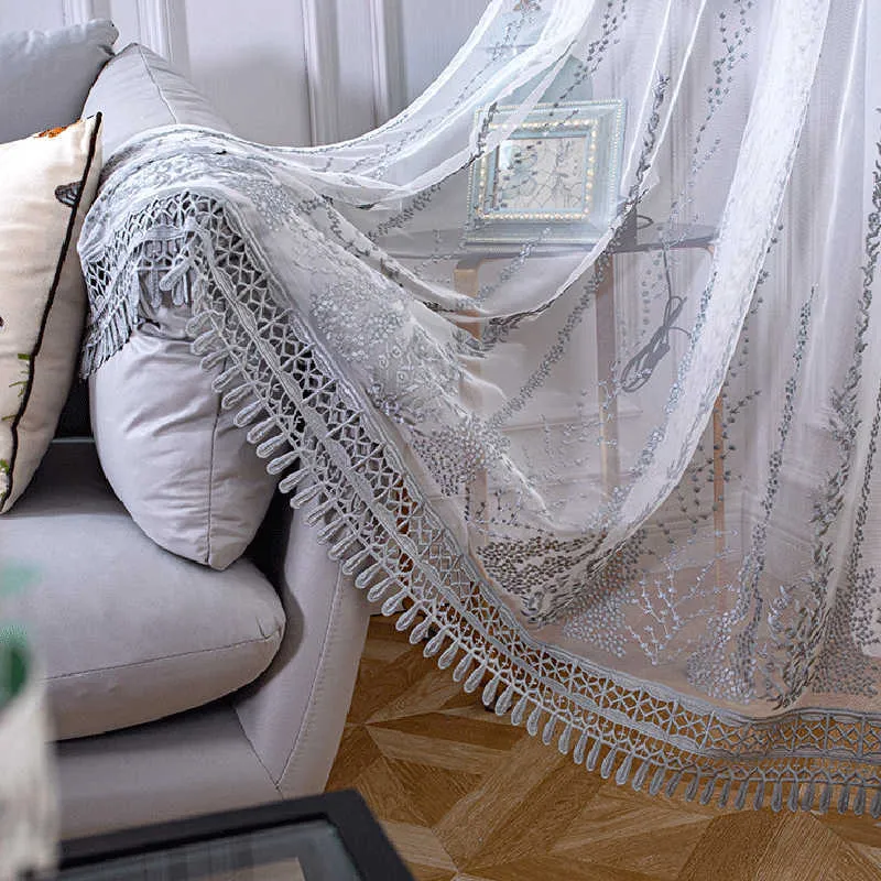Роскошные кружевные серые вышивки Voile занавес для гостиной прозрачной сетки ткань тюль занавес для спальни окон Drape S560 # C 210712
