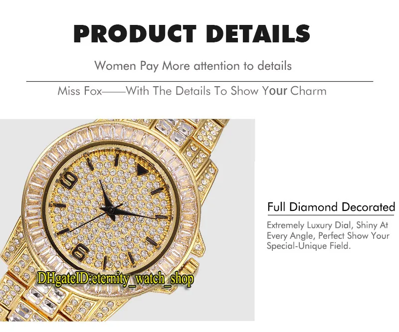 MISSFOX eternity v291 5 Hip hop Fashion Mens Watches CZ Diamond inlay Dial Quartz Movement Men Watch Iced Out Big Diamonds Bezel Alloy Case Rose Rold Silvery Strap