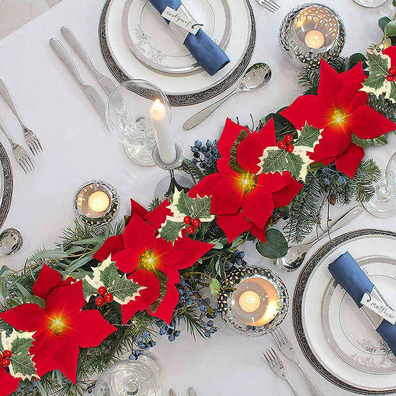 2m 10led julkonstgjorda Poinsettia Blommor Garland String Lights Holly Leaves Xmas Tree Ornament Jul Heminredning 211104