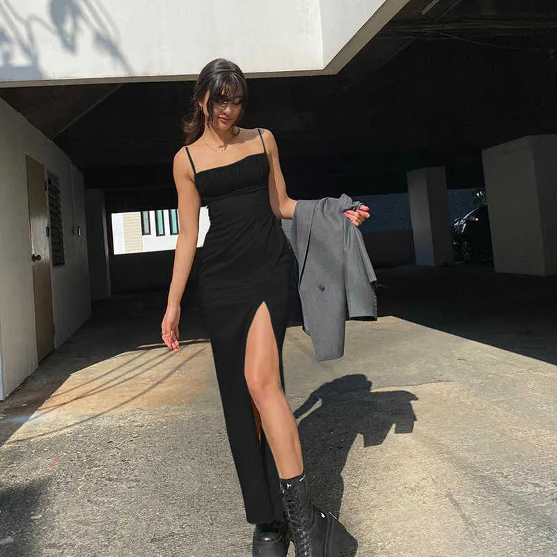Sommer-Sling-Kleider, lässige Sommerkleider, hohe Taille, plissiert, schlank, rückenfrei, langes, solides schwarzes Kleid für Streetwear-Frauen 210712