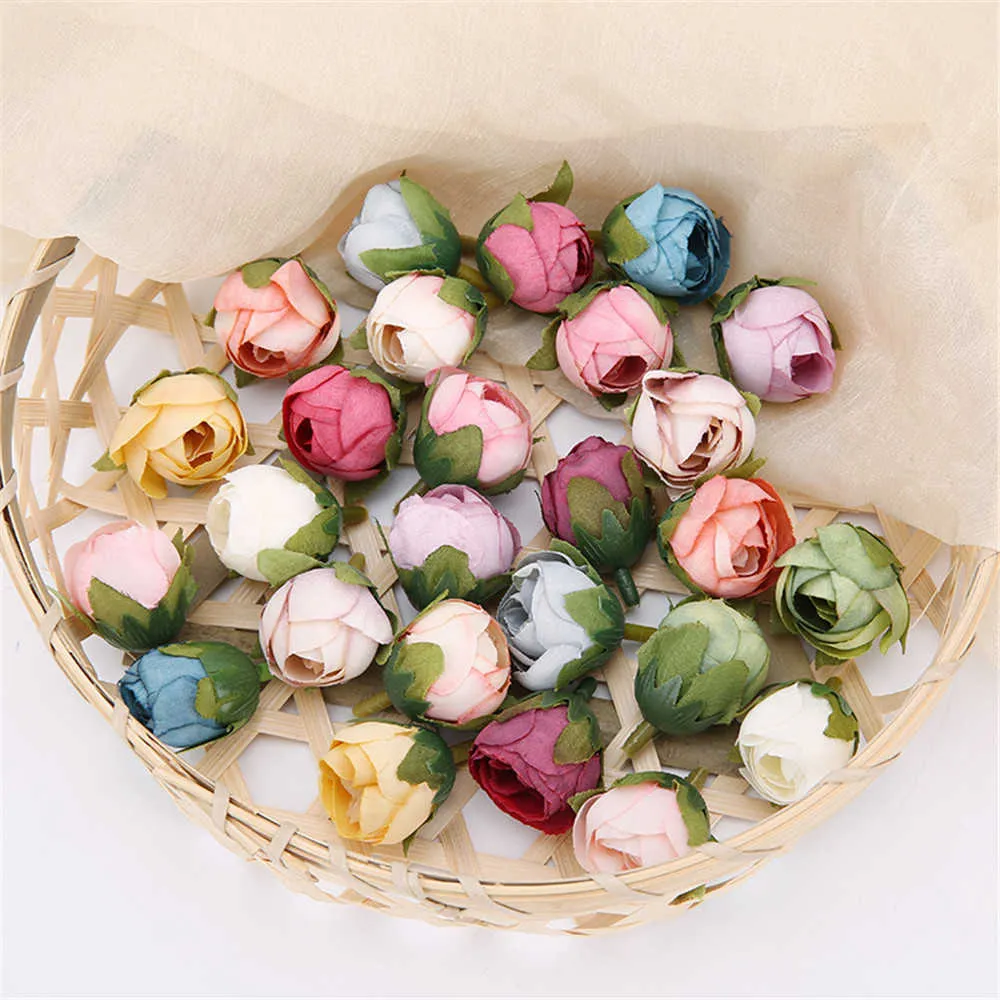 Vintage Konstgjorda Silk Rose Tea Knoppar Blommor Bud DIY Hantverk Bröllopsrum Inredning Julfest Nyårs dekorationer Y0630