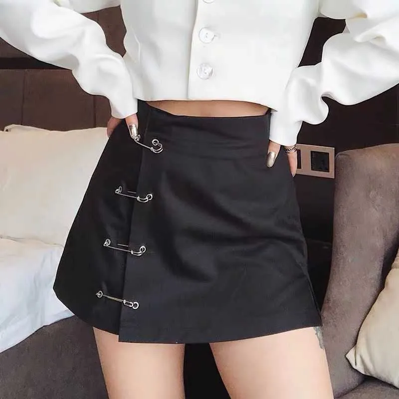 Streetwear Mini Skirt Women Side split brooch High Waist Side Zipper Short Skirt Sexy Female A-Line Slim Hip Camo Skirts 210708