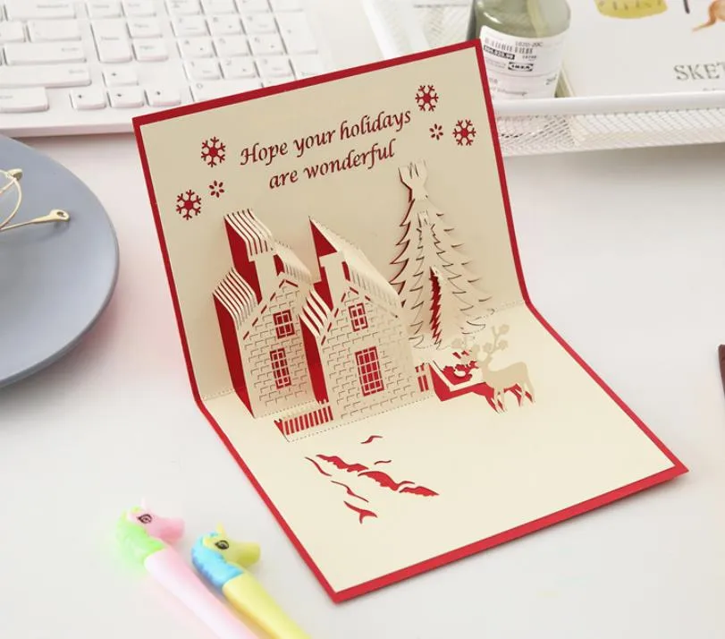 Christmas 3D Greeting Cards Colorful Tree Laser Cutting Envelope Postcard Hollow Carved Handmade Children Gift Card