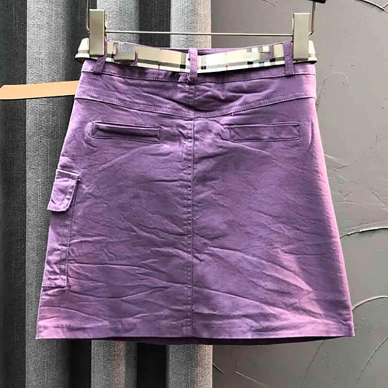 紫色のデニムスカートの女性の夏のハイウエストポケットスリム薄いシンプルなAライン膝ヒップ女性210427