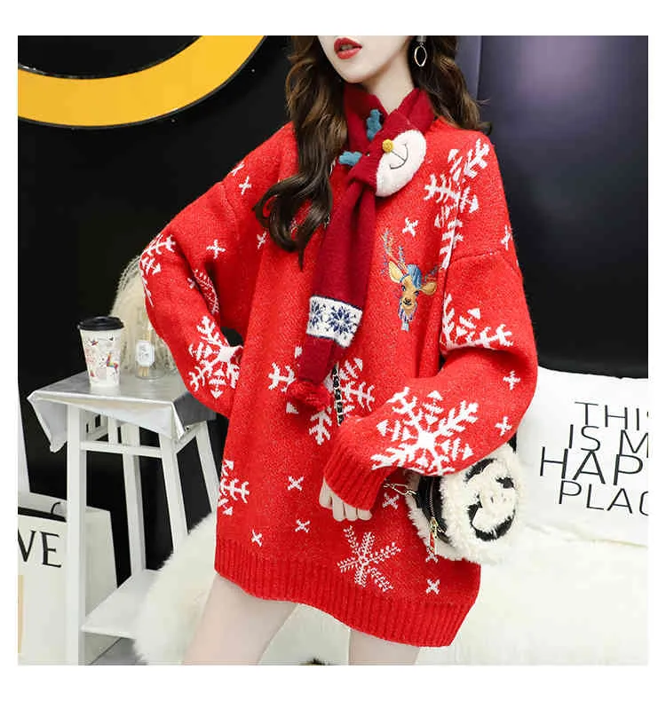 Women Christmas Sweater and Pullovers Casual Snowflake Deer Winter Knit Clothes Cartoon Red Jumpers oversized 210430