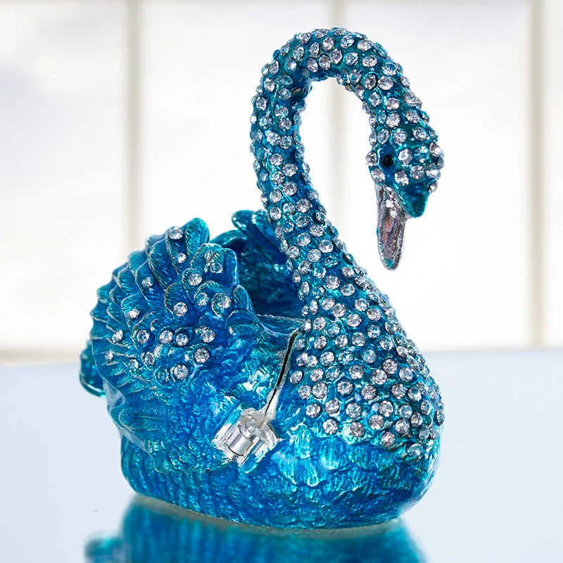 HD Elegante blaue Schwan-Schmuckkästchen-Aufbewahrungsbox, Ornament, Kristalle, aufklappbare Figur, zum Sammeln, mit Schmucksteinen besetzter Ringhalter, Hochzeitsbevorzugungen 210811
