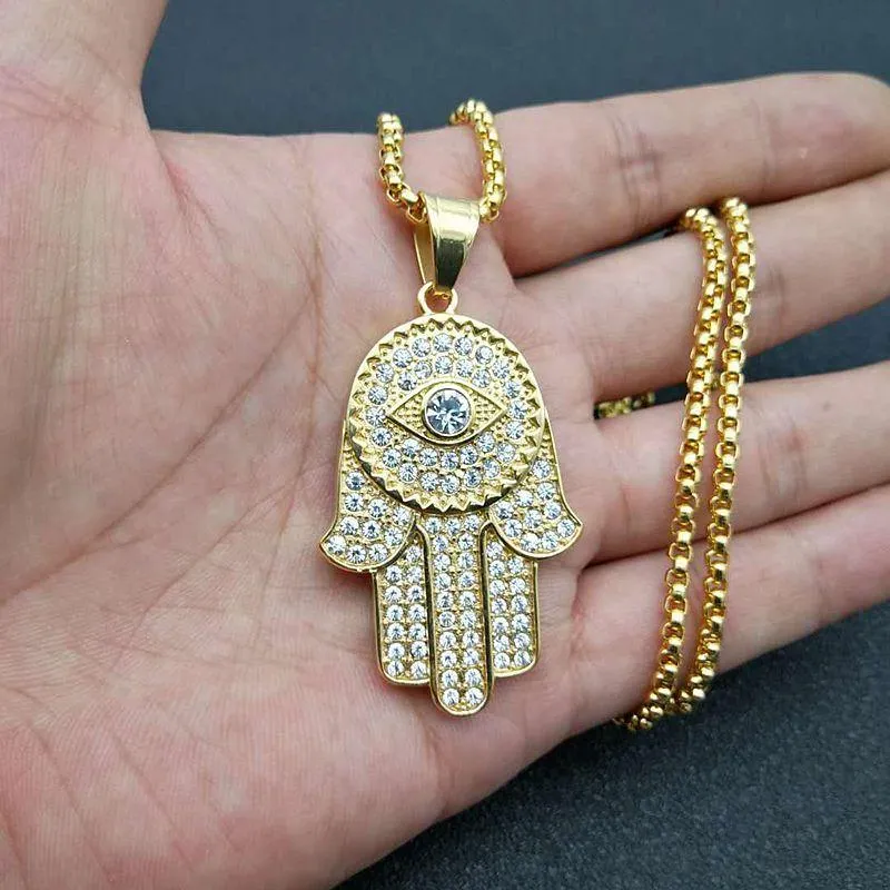 Hip Hop Iced Out Hamsa Hand Of Fatima Turkish Eye Pendant Necklace Gold Color Stainless Steel Chain For Men Jewelry Drop Necklaces2269