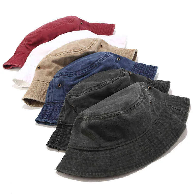 2021 New Fisherman Hat Panama Denim Bucket Hats Outdoor Men Women Washed Cotton Bucket Cap Fashion Hip Hop Gorros Bob Hat Y220301