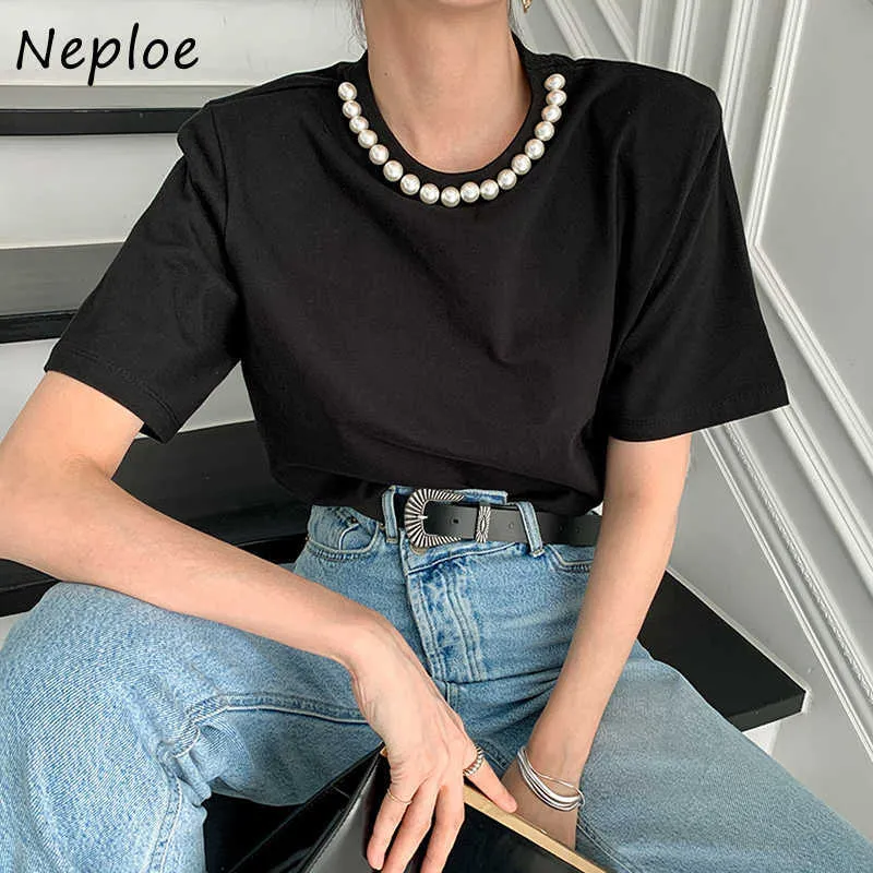 NEPLOE O Pescoço Beading Patchwork Manga Curta T Camiseta Mulheres Verão Solta Tees Causal Senhoras Simples Top Femme 210720