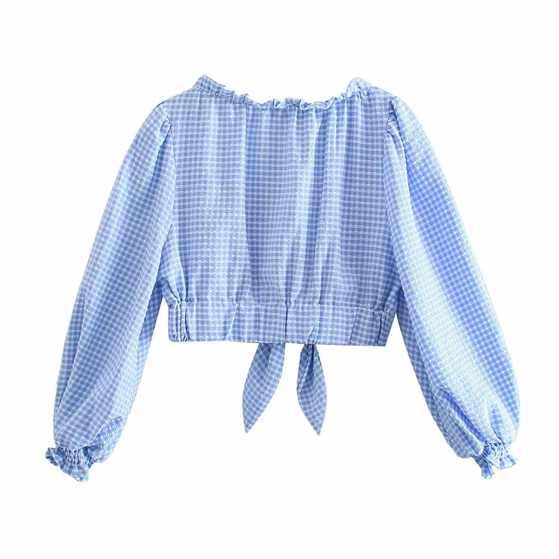 Zoete vrouwen o hals boog kant blouse zomer mode dames hoge straat schattig shirt vrouwelijke blauwe plaid korte top 210515