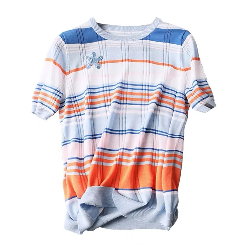 Mode gebreide T-shirt Rainbow Stripes zijn dunne en ijszijden All-match Dames Knitwear 210520