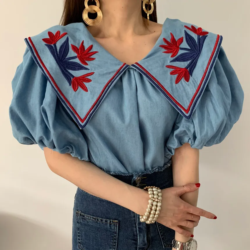 Comelsexy vintage etnische stijl bloem borduurtje blouses vrouwen zomer lantaarn mouw losse denim shirt femme tops blusas 210515