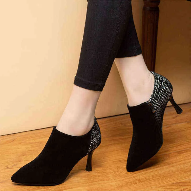 Elbise Ayakkabı Kış Kadın Çıplak Çizmeler Yüksek Topuklu Siyah Akın Ayak Bileği Boot Patchwork Patik Sivri Burun Elbise Ayakkabı Ince Topuklu Ayakkabı 8537N 220309
