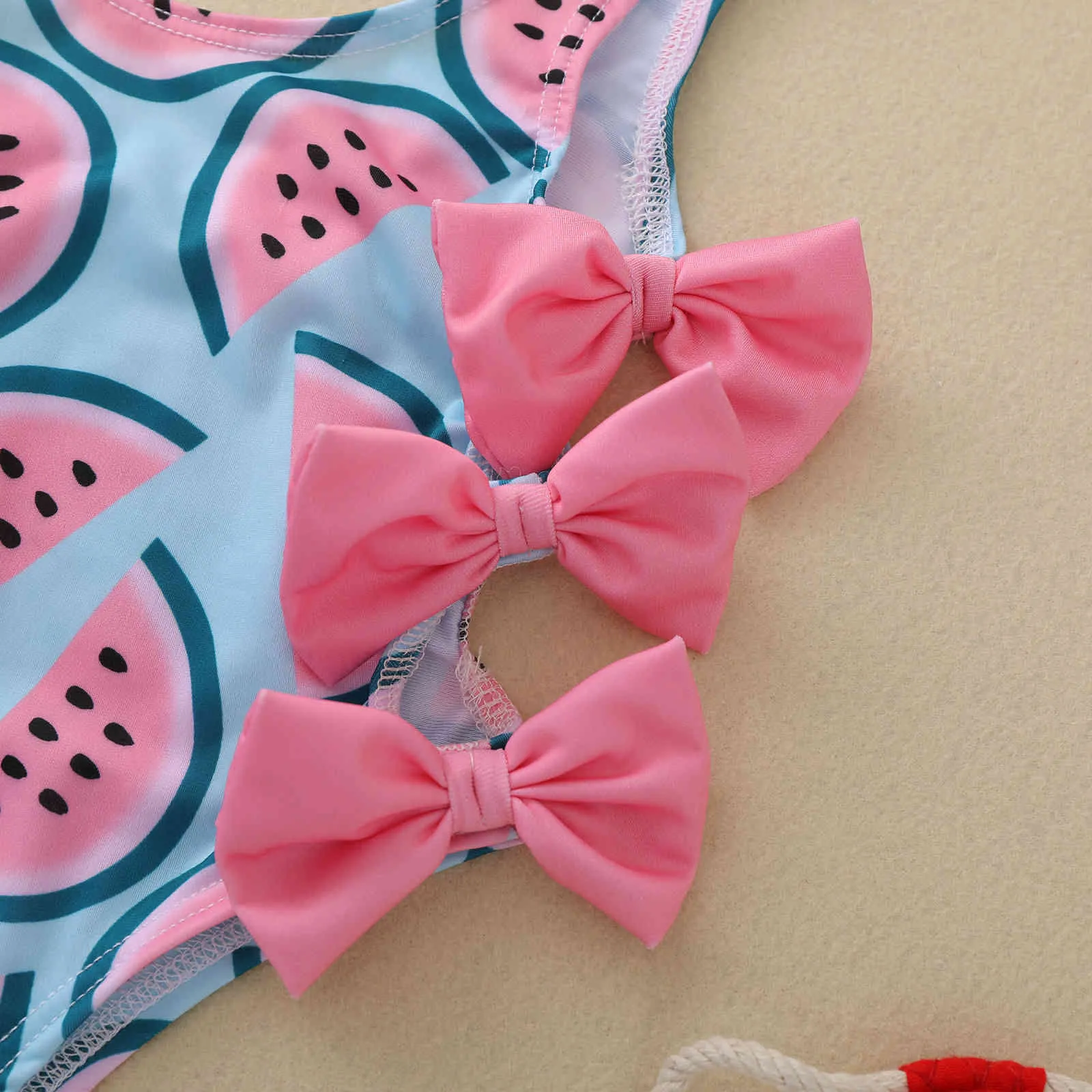 0-4Y Summer Toddler born Infant Baby Girl Kid Swimsuit Watermelon Print Bow Swimwear Beachwear Bathing Suit 210515