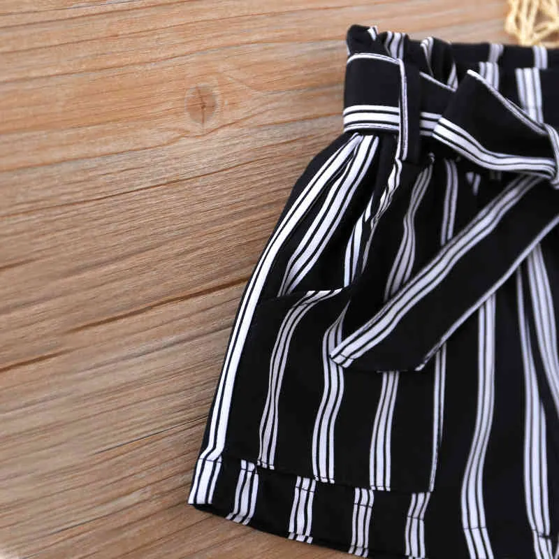 Girls Shorts Summer Pants Black And White Stripes + Belt Baby Girl Cotton Kids For 2-6Y 210515