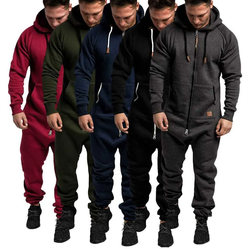 Nowe kombinezony męskie One-częściowa odzież Piżama Streetwear Mężczyźni Czysty Kolor Łączenie Jesień Winter Casual Bluza Zipper Kombinezon X0610