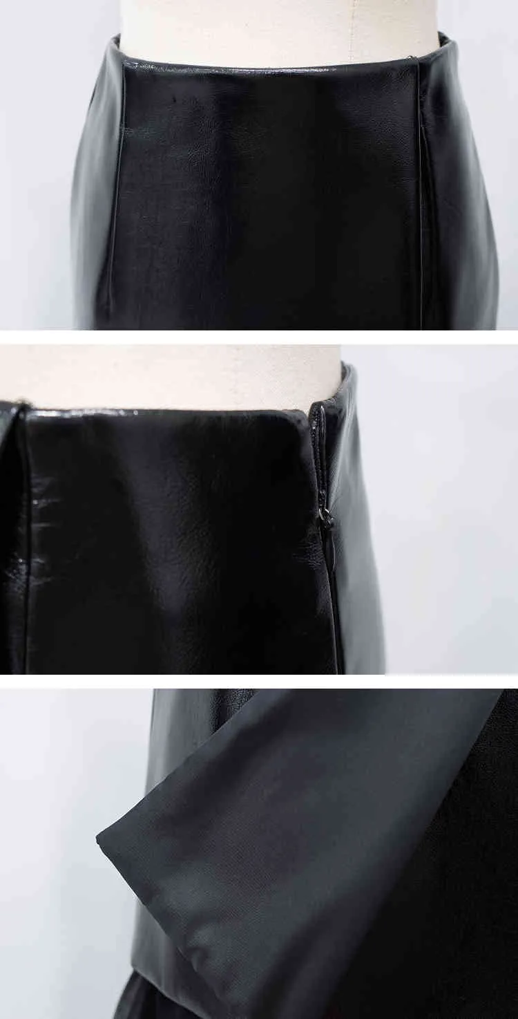 メッシュPUレザースカート女性黒い非対称パッチワークレディースミディファッション服210427