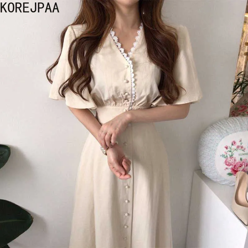 Korejpaa Abito donna Corea Elegante scollo a V in pizzo Feifei Camicia a maniche + Gonna monopetto a vita alta Gonna lunga Donna 210526