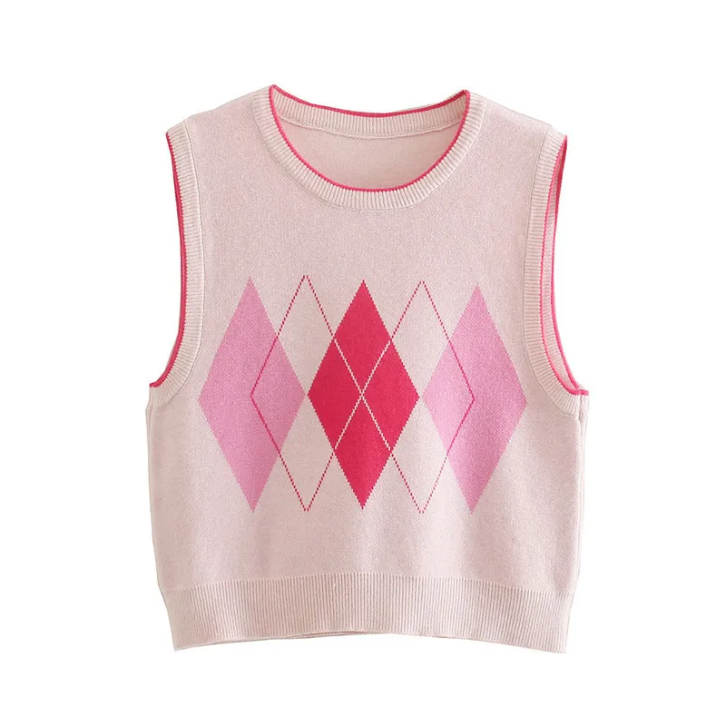Sweet O-Neck Fashion Argyle Sweater Vest Women Pink Sleeveless Knitted Crop Sweaters Casual Short Tops 210430