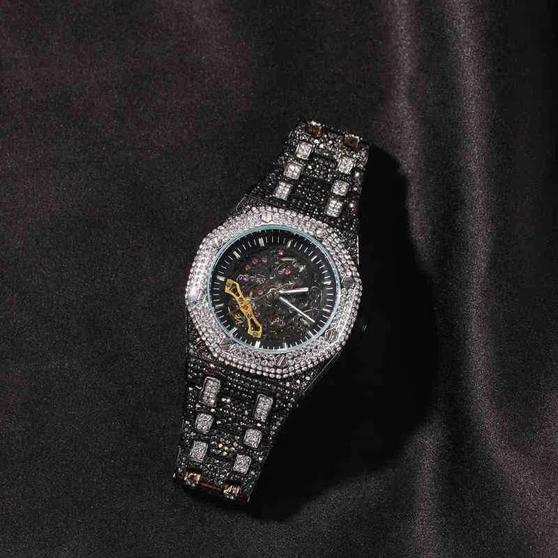 Relógios de Pulso Hip Hop Full Iced Out Relógios Masculinos Aço Inoxidável Mecânico Luxo Strass Quartzo Quadrado Relógio Comercial 221230219k