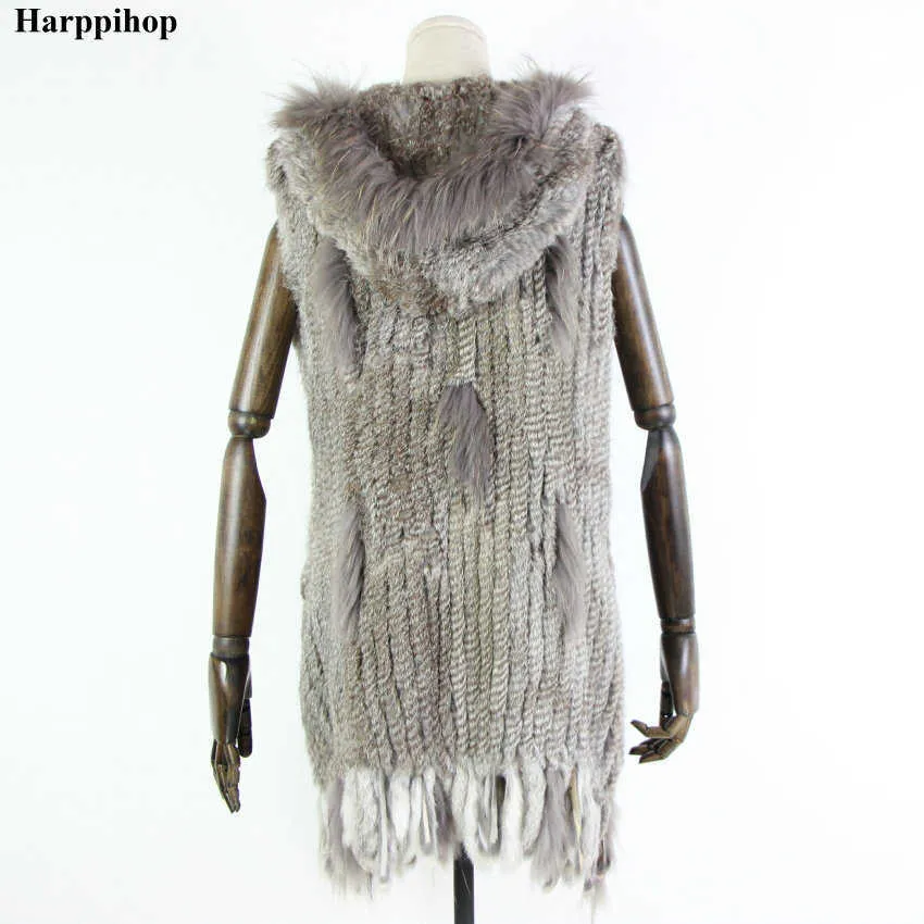 Harppihop päls ny naturlig päls väst äkta kanin päls stickad gilet med hooded long coat jackor kvinnor vinter v-211-05 Q0827