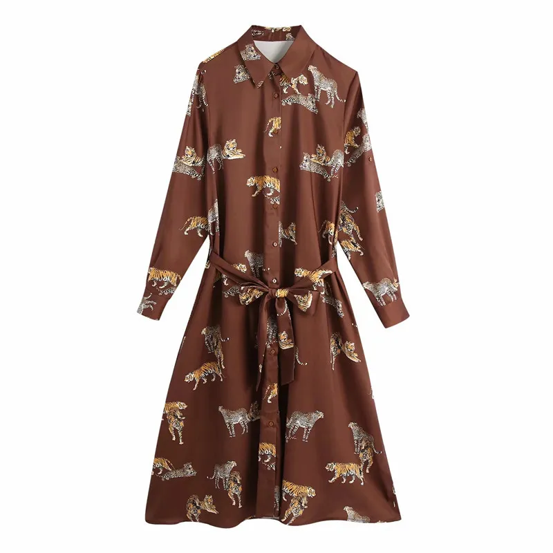 Herfst vintage dier gedrukt shirt jurk vrouwen mode gebonden riem revers kraag lange mouwen midi dames casual es 210519