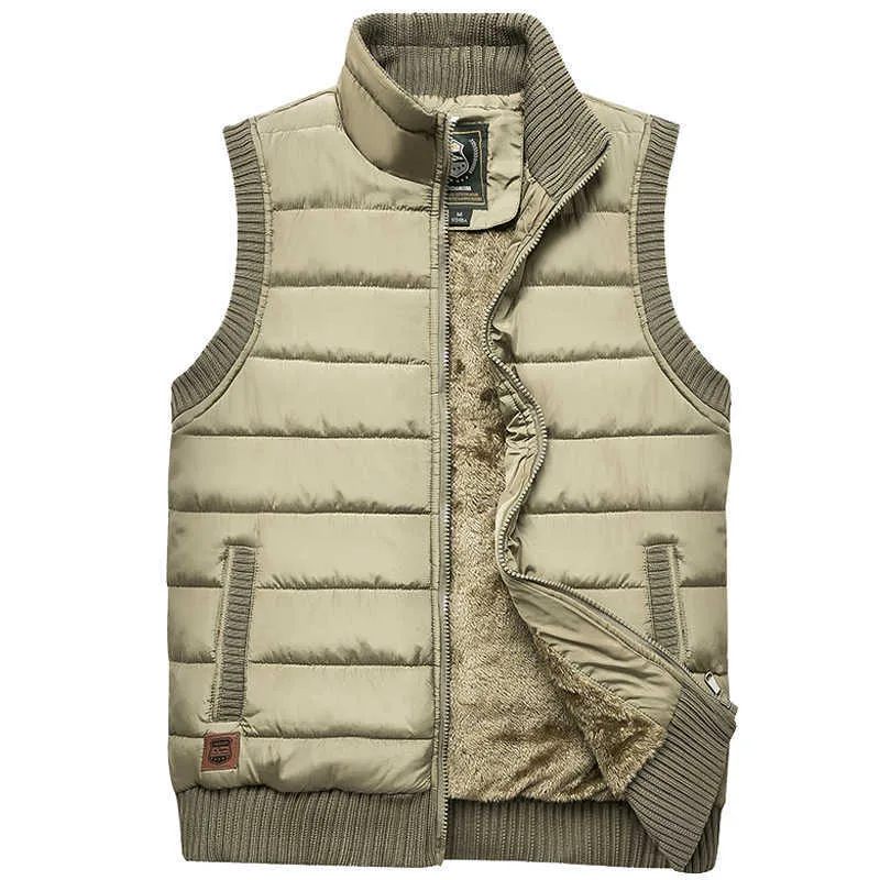 Märke Tjocken Vinter Mäns Vest Zipper Coat Varm Ärmlös Jacka Casual Fleece Male Army Green Waistcoat Black 210925