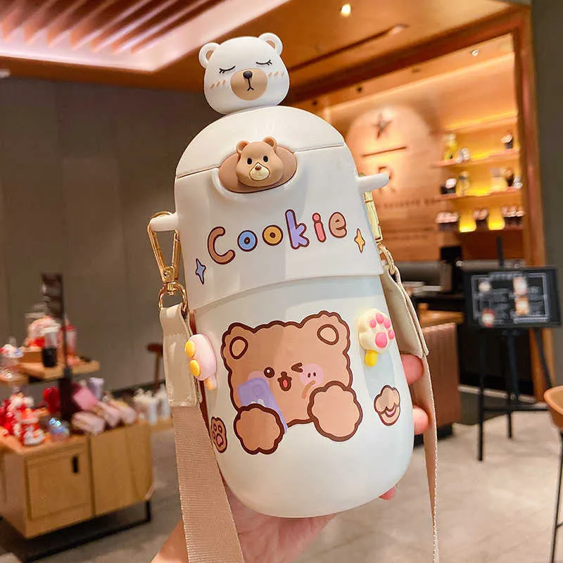 500 мл термос Kawaii Bear, милые детские соломенные бутылки для воды, изолированные бутылки из нержавеющей стали для студентов, термос для девочек, 21101189г