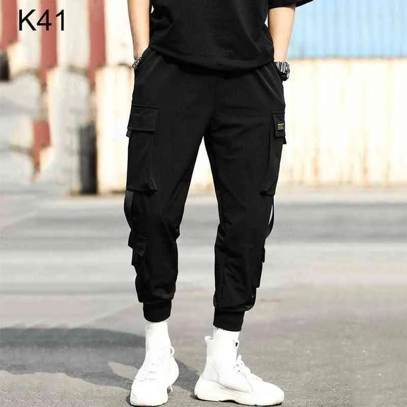 Casual Männer Atmungsaktive Ankle Krawatte Tasche Kordelzug Cargo Hosen Neunte Hosen 2021 Hip Hop Junge Multi-tasche Männlichen Knöchel-länge Hose H1223