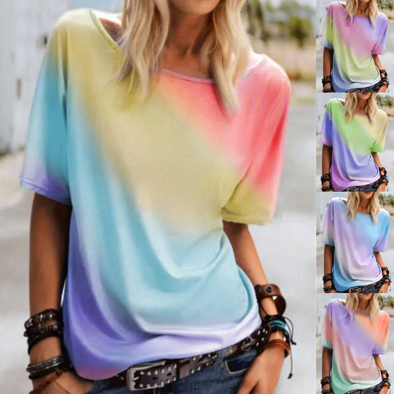 Kvinnors mode plus storlek kläder sommar kortärmad rund hals regnbåge tryckta t-shirt lösa casual top kvinnor y0621