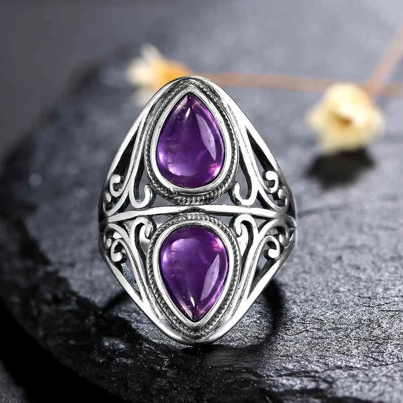 Charms 6x9mm Natuurlijke Amethist Ring's 925 Sterling Zilveren Sieraden Vintage Ring Jubileum Party Gifts voor Dames 211217