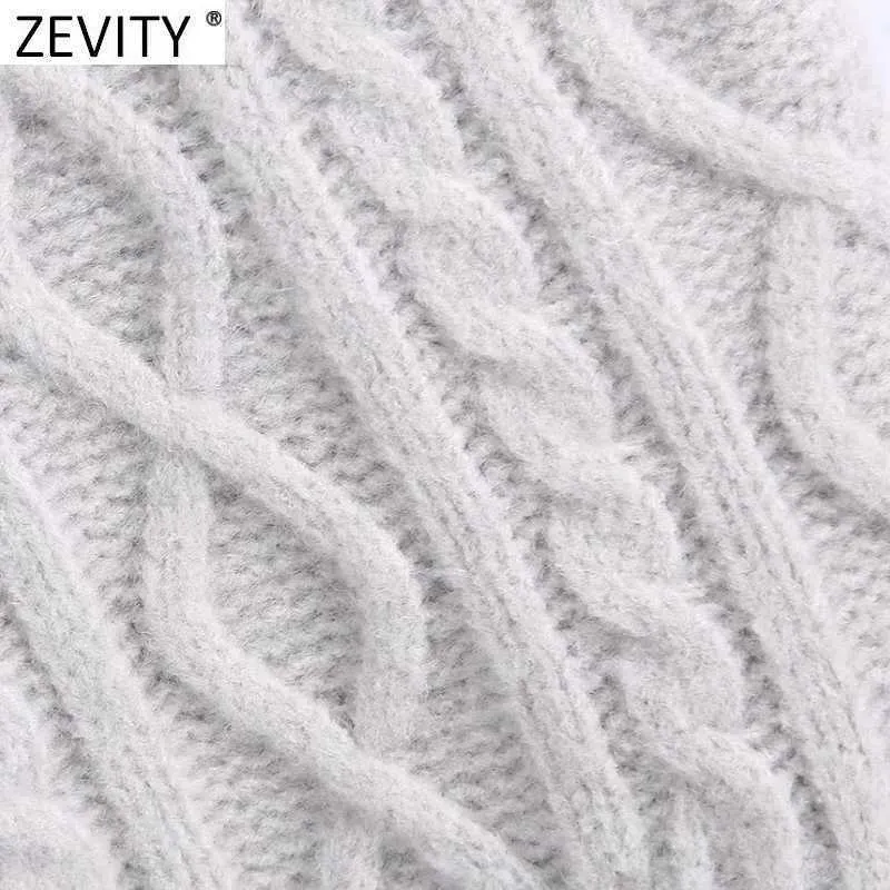 Zevity mujeres Vintage cuello en V Twist Crochet Casual tejer chaleco sin mangas suéter señora Chic chaleco pulóveres Jumper Tops S687 210603