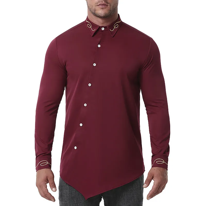 Camicie eleganti da uomo con ricamo rosso vino Camicia casual con bottoni irregolari Camicia a maniche lunghe da uomo Camicia da cowboy occidentale da festival uomo 210522