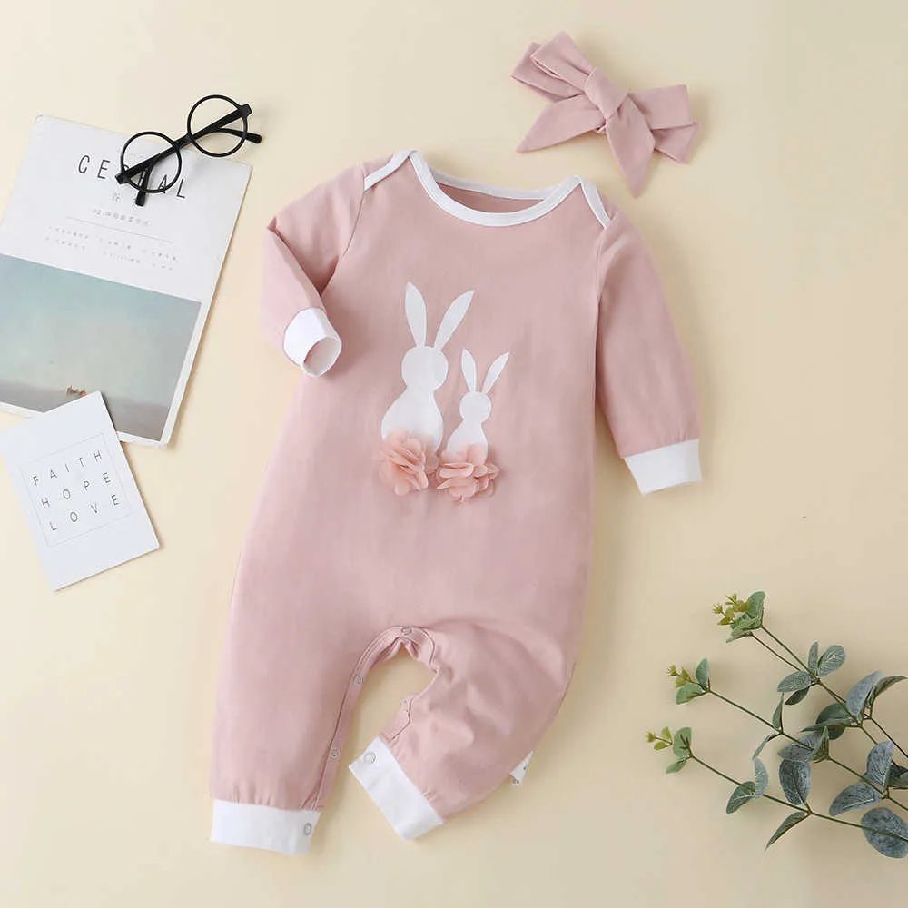 冬の赤ちゃんの幼児ロンパースボーイズ服ロングスリーブプリントウサギ弓ピンクかわいい子供コスチューム21062362430117044354